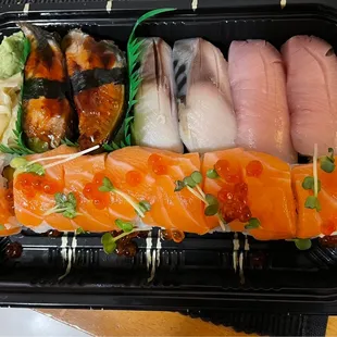 Top left-right: 2 Piece Unagi Sushi, 2 Piece Saba Sushi, 2 Piece Hamachi Sushi Bottom: S15. Parent-Child Roll