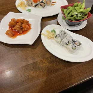 Lovers Chicken, Shrimp Sushi, Edamame, and Spicy Beach