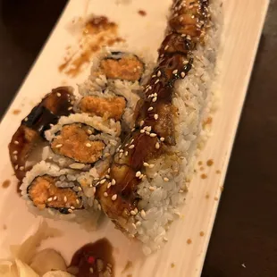 Unagi  Spicy Tuna Crisp  Obama roll - snow crab and avocado topped with unagi