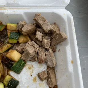 Extremely small portion of steak.