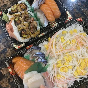 Chirashi bowl, salmon skin roll, salmon sushi and mackerel sushi