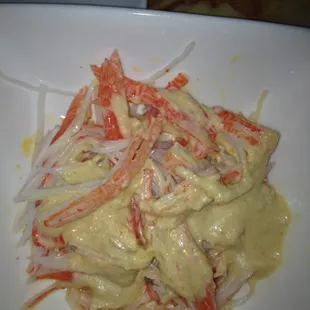 Love crab meat and ginger salad dressing.