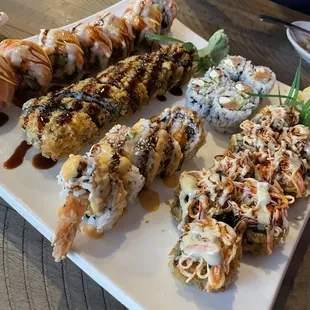 Sweet and sour roll, yaho roll, limo hi roll, Philly roll &amp; wasabi roll.