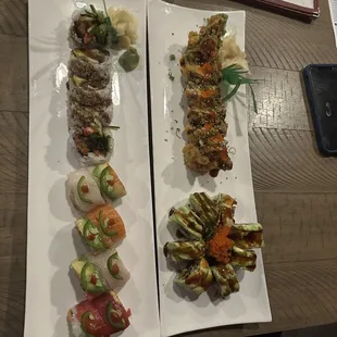 Volcano roll, mr. parks roll, spicy rainbow roll, lobster tempura roll.