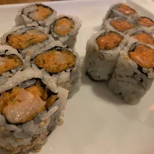 Spicy yellowtail roll (left) and spicy salmon (right)
