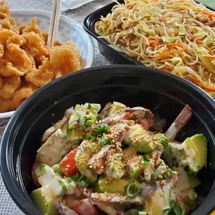 Singaporean rice noodles, deep fried squid and avocado salad