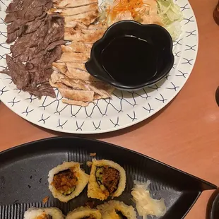 C Special- chicken and beef teriyaki.  Salmon skin cut roll