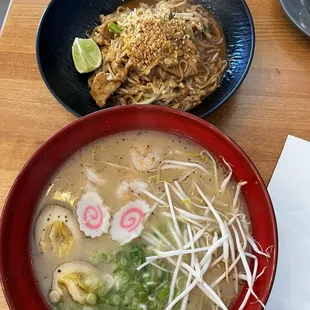 Tonkotsu ramen and Thai noodles