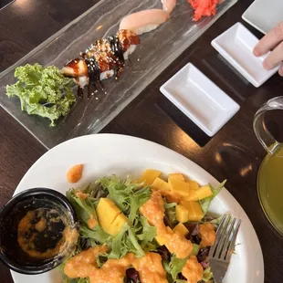 Salad (annoying but tasty), PERFECT unagi nigiri,  hamachi nigiri, green tea