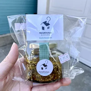 Garlic sansho oil from Kana Kitchen, a local Bay Area business. Sansho oil is citrus-y with a hint of spice - great for white fish