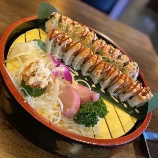 Spicy Salmon &amp; Yellowtail Sashimi;Pungo Roll &amp; Red Mill Roll