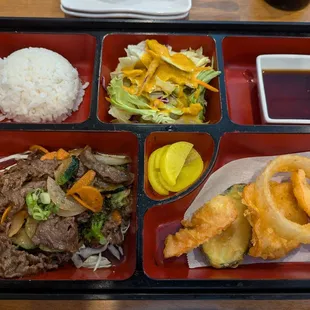 Bento box with bulgogi and vegetable tempura