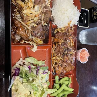 Bento box - spicy Korean pork + beef teriyaki