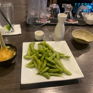 Some house hot sake, edamame, and miso soup.