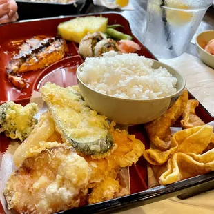 Three item bento box with salmon