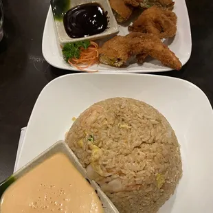 Soft shell crab appetizer and shrimp fried rice