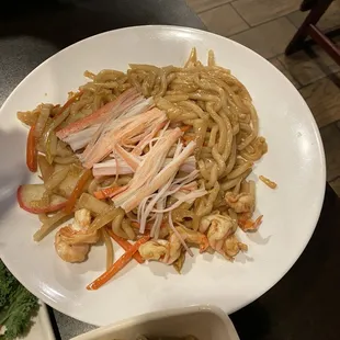 Seafood udon and side salad with ginger dressing