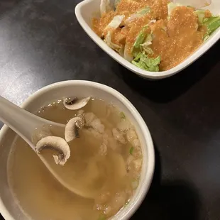 Side soup and side salad with ginger dressing