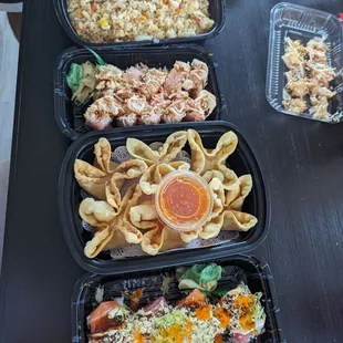 Fried rice, crab rangoons and sushi