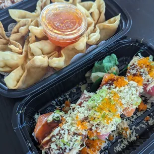 Crab rangoons and sushi