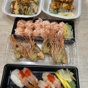 Wasabi Crust Roll, Baked Salmon Roll, Butterfly Kiss Roll, and Sweet Shrimp Sushi