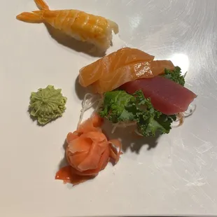 Shrimp with salmon and tuna sashimi