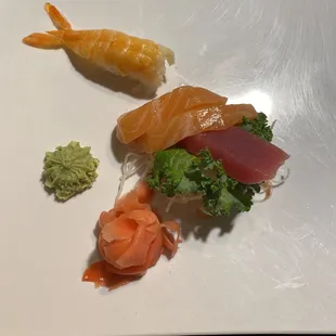 Salmon, tuna sashimi with shrimp