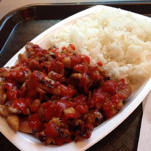 $5.99 teriyaki meal. Skipped out on the veggies. Drenched with hot sauce.