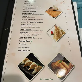 sushi and sashimi, menu