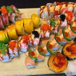 Crab &amp; Shrimp Roll, Mango Shrimp Roll, Tuna Crab Roll, Tuna Jalapeño Roll.