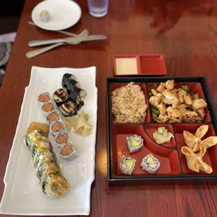 Rolls: Godzilla, spicy tuna, Shawn. Hibachi chicken.