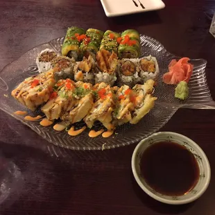 Back to front: Sakura roll, Sweet potato roll, and Green hat roll.