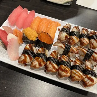 Eel, nigiri, and sashimi