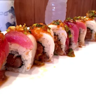 No Drama Roll (spicy tuna with panko chips inside, white and red tuna in top, topped with special secret house sauce) Yum!