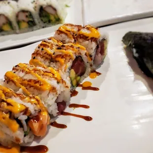 Out of Control Roll ~ tuna, salmon, yellowtail, avo, spicy mayo, eel sauce. My faves all rolled up, just Get it ;)