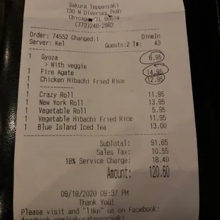 Our receipt. We were chargers 18% and it was only two of us. Wow