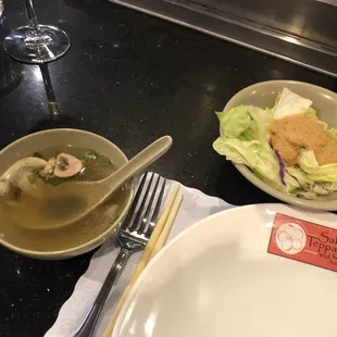 Vegetarian soup (not miso) and salad
