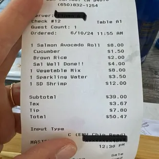 Receipt showing how much they added for a simple adjustment.