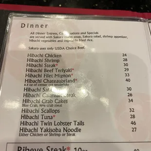 Dinner menu