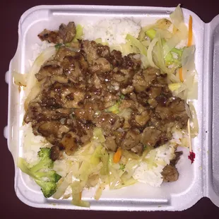 Teriyaki beef, vegetables and white rice