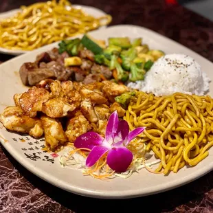 Chicken (delicious!) and filet mignon, extra noodles on the side