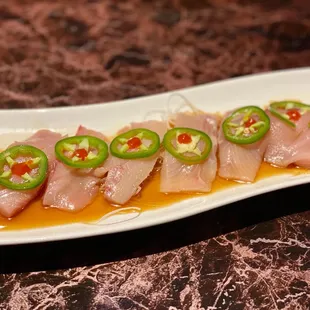 Yellowtail jalapeno - Sliced Yellowtail Topped W.Jalapeno Hot Sauce And Ponzu Sauce