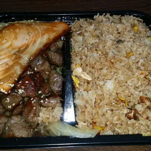 Salmon and steak Teriyaki combo with fried rice..