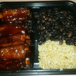 Baby back ribs, black beans and brown rice..