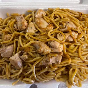 chicken and noodles in a styrofoam container