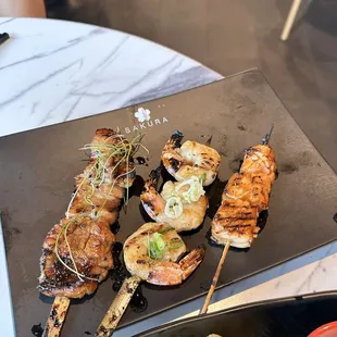 Garlic Beef, Shrimp, and Yakitori