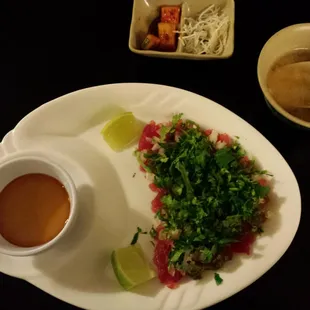 Tuna salad , miso soup, &amp; side of cucumber kimchi with noodles