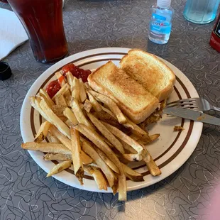 a plate of french fries and a sandwich