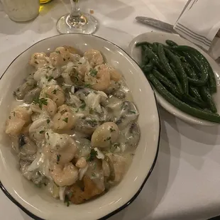 Trout Nicolas special with crabmeat and shrimp in white wine lemon sauce and green beans