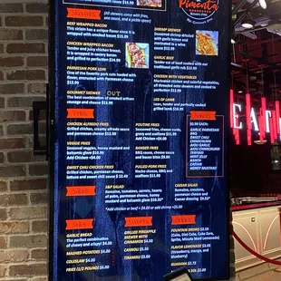 a menu on a large screen